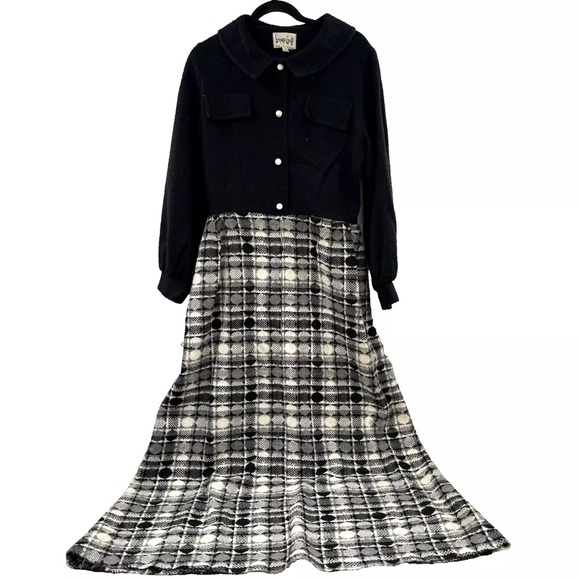 Vintage 70s LoungeCraft Original Maxi Hostess Dress Pockets Black Plaid 8/10 - Picture 8 of 16